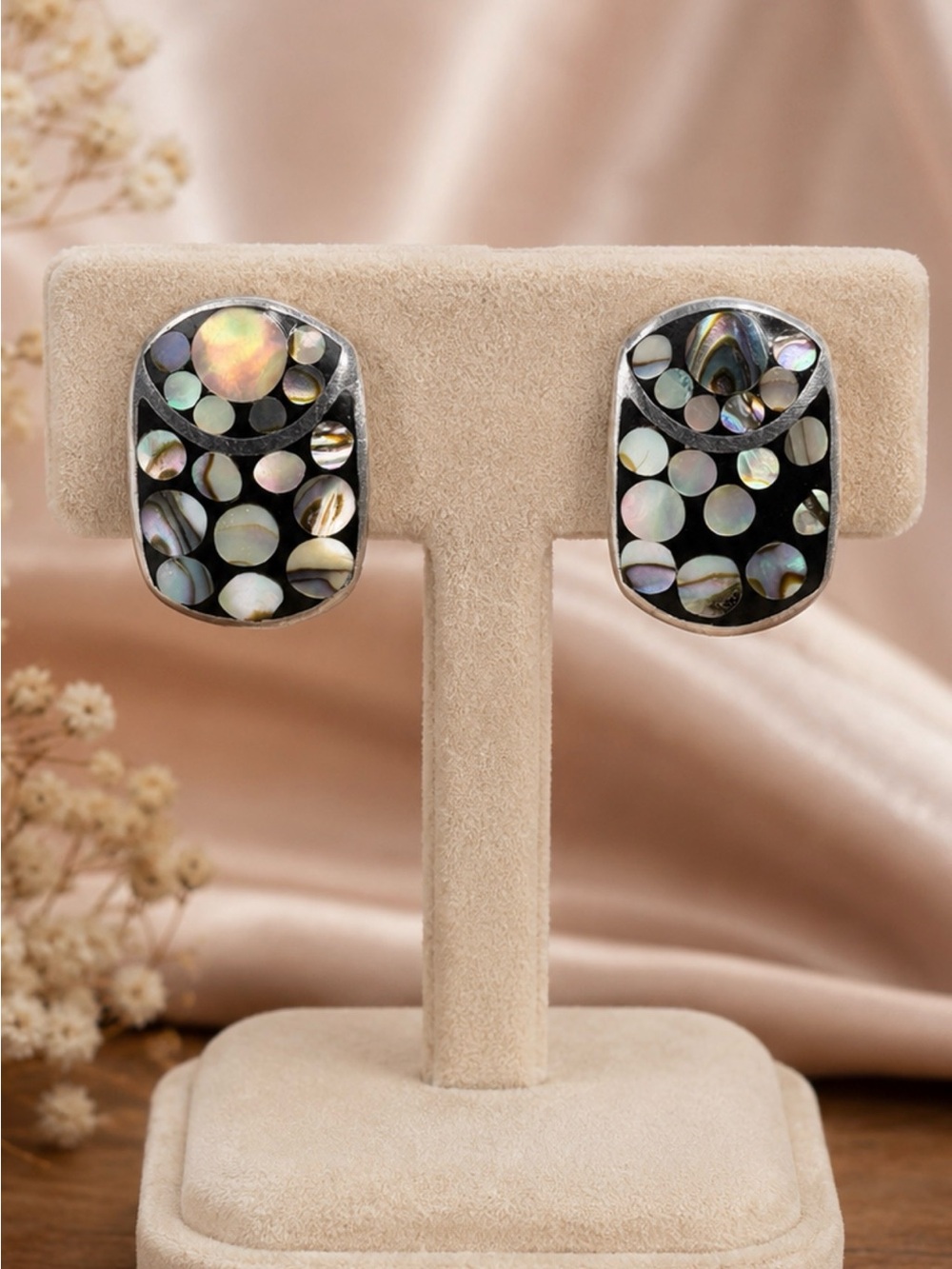 Sterling Silver Black Onyx Abalone Moon Phases Drop Earrings Inlayed